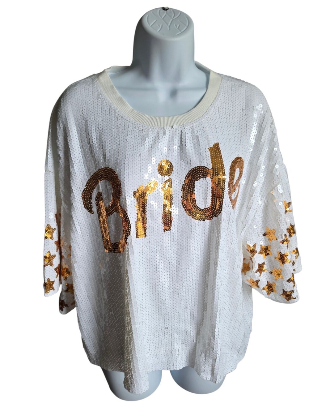 Simply Southern Sequin Bride Top White/Gold Stars Size Large